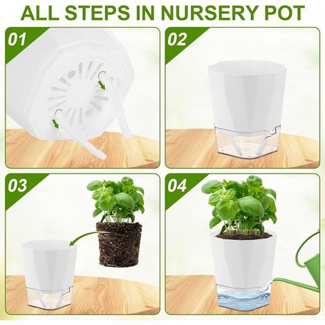 6 Pcs Pots de Fleurs en Plastique, 12.5cm Pot de Fleurs Auto-Arrosant,Pots de Plantes avec Trous De Drainage et Réservoir d'eau Amovible pour d'Intérieur d'Extérieur Jardins de Balcon, Blanc (1/2)