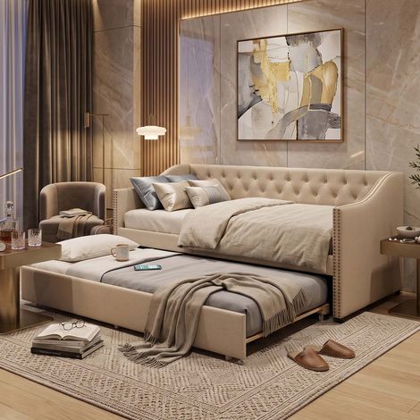 Creahappy Canapé Lit gigogne 90x200 cm - Lit Enfant et Banquette-Lit Design Chesterfield avec Sommier - Gain de Place - Tissu Velours Beige - Confort Hôtelier (1/5)