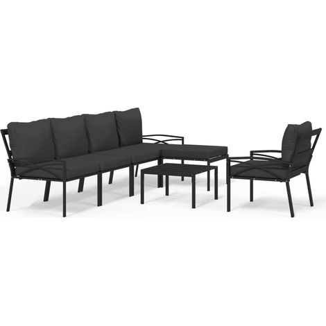 Salon de jardin 7 pcs avec coussins gris bambou acier (1/5)