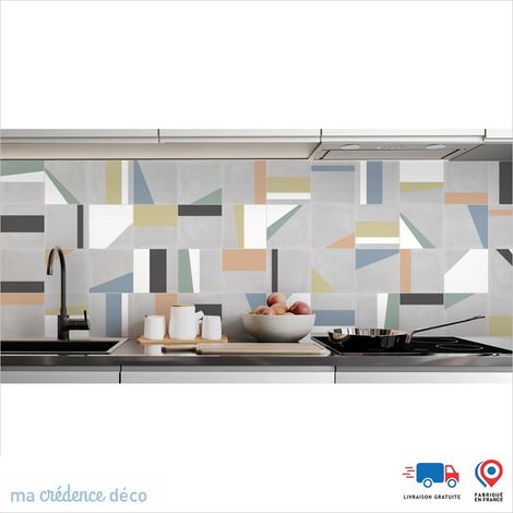Crédence : Carreaux ciment géométrie et couleurs - Couleur Bleu pastel - Alu composite - 120 - 60 (1/3)