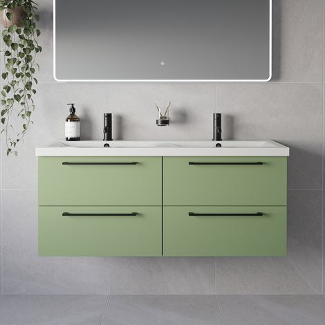 Napoli 390 Olive Green 1200mm Wall Mounted 4 Drawer Vanity Unit with Double Glide Basins - 1200mm - Matt Black 320mm Handle