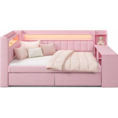 Letto matrimoniale 140x200 cm rosa in MDF e compensato con LED, scrivania e 2 cassetti - CHICFURN (1/5)
