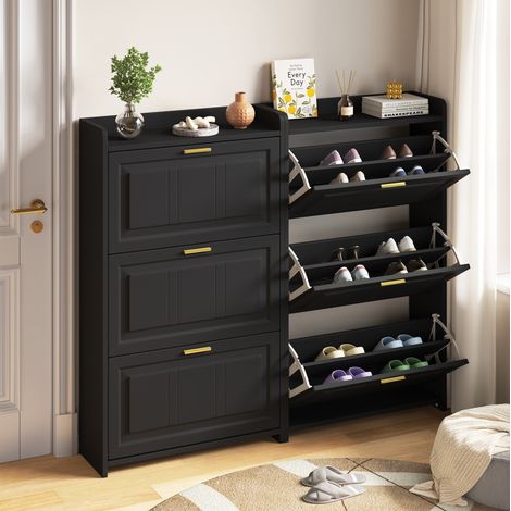 Scarpiera in MDF e truciolare nera, set 2 pezzi, 70 x 24 x 120 cm, 3 ante a ribalta, 6 scomparti (1/5)