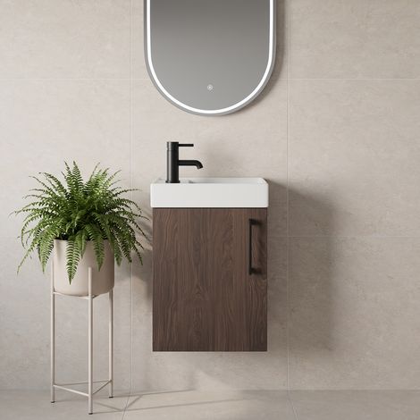 Napoli Cube Brown Oak 400mm Wall Mounted Single Door Vanity Unit with Align Basin - 400mm - Matt Black 160mm Handle
