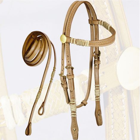 ROSSICCIO - Briglia western per cavalli in cuoio con inserti rawhide e frontalino basket completa di redini