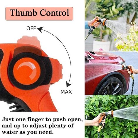 Pistola de jardín con 10 modos de pulverización, metal/ABS, mango ergonómico, para ducha de jardín, lavado de coches, baño de mascotas, naranja (1/5)