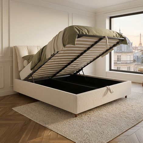 SORA Lit double en tissu beige avec coffre 160x200 cm (1/5)