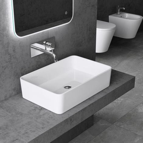Doporro – Vasque à poser solid surface rectangulaire blanche 60x40x15cm – Lave mains sans trop-plein – Installation sur meuble ou plan de travail - Colossum102 (1/5)