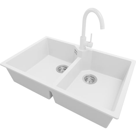 PRIMAGRAN Evier Cuisine en Granit 78x50cm, Lavabo 2 bacs + Robinet 32x20cm + Kit de Vidage, Évier à Encastrer au meuble 80cm - Madrid Twin, Blanc (1/5)