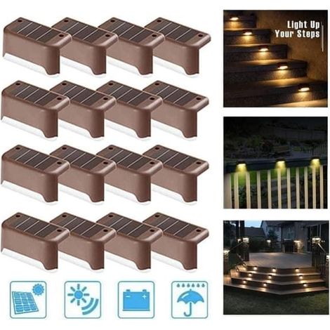 Lot de 16 lampes solaires d'extérieur, étanches, à LED, pour escaliers, clôtures, jardins, terrasses et allées (marron). (1/5)