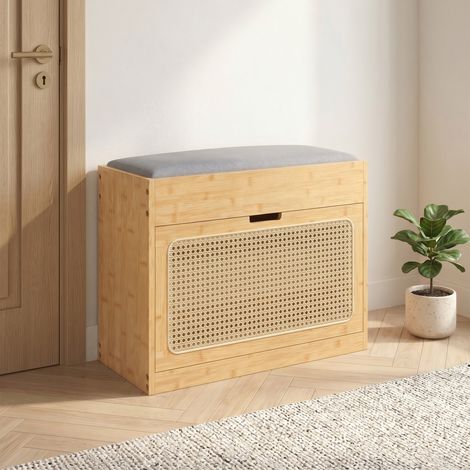 Banc chaussures entrée, banc de rangement en bambou, assise rembourrée, porte en rotin et étagère réglable, bois naturel (1/5)