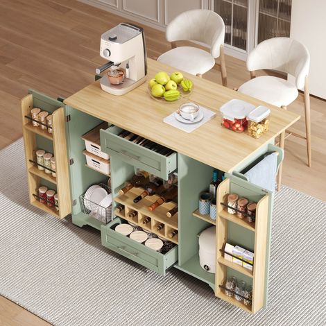 Carro de cocina 138/70/92 cm en verde antiguo con encimera abatible, almacenaje y botellero (1/5)