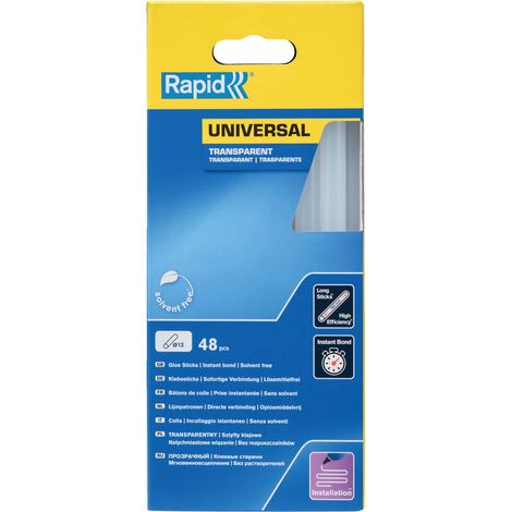 Universal Transparent Rapid Mounting Adhesive Stick Set Ø12mm x 190mm – 48 Sticks (880g) for All Materials including Metal, Plastic, Wood, and Porous Surfaces in a Box