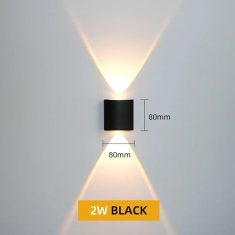 (Noir 2W - Étanche IP65 - Lumière blanche 6000K) Applique murale LED en aluminium étanche IP65 pour l'extérieur, le jardin et l'intérieur, compatible avec les chambres, les salons et les escaliers (1/4)