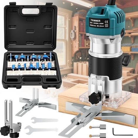 800W Wood Flush Router, 30000rpm Electric Router, Depth Adjustment, Aluminium Housing, Wood Milling Machine with 15 Pieces Router Bits 1/4" Shank (6.35mm) (1/5)