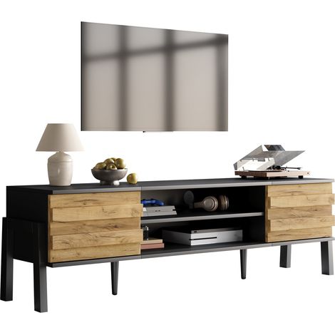 TV Lowboard mit 2 Türen, Verstellbaren Einlegeböden und Offenen Fächern für Wohnzimmer, aus Spanplatte, Schwarz, 175×39.5×53 cm (1/5)