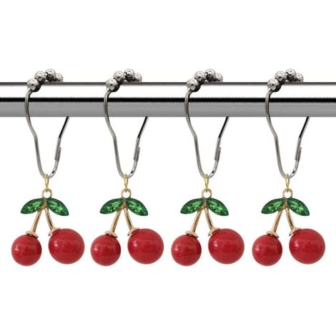 Duschvorhanghaken mit Kirschblütenmuster und roten Harzanhängern, 12er-Set rostfreier Edelstahlringe, Fruchtmotiv zur Badezimmerdekoration