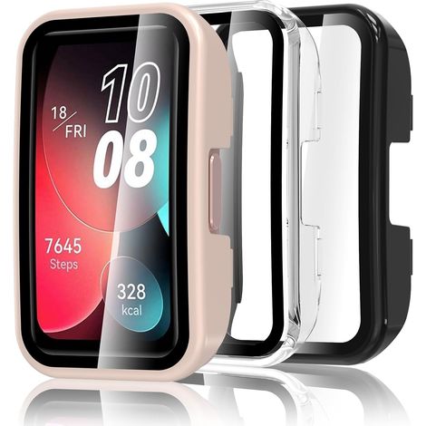 Lot de 3 Coque Compatible avec Huawei Band 10 et 9 et 8, Coque Complète avec Film de Protection HD Ultra Mince Cover - Transparent, Noir (1/5)