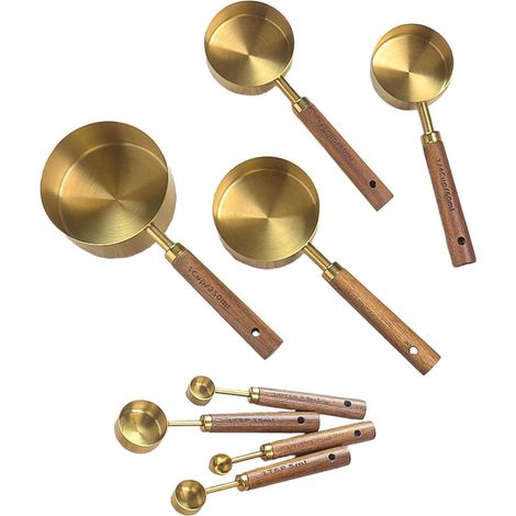 Tasses et cuillères doseuses, inox/bois, empilables, pour cuisine (1/5)