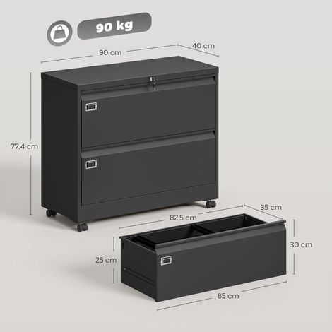 Caisson mobile verrouillable à 2 tiroirs, classeur avec système de dossiers suspendus réglable, 90 x 40 x 77,4 cm, noir (1/5)