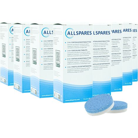 Pastillas descalcificadoras 2 en 1 AllSpares (48 pastillas de 18 g) compatibles con cafeteras Bosch 311821 / 311975 / TCZ8002 / y Siemens Neff Gaggenau 00311975 / TZ80002 (1/3)
