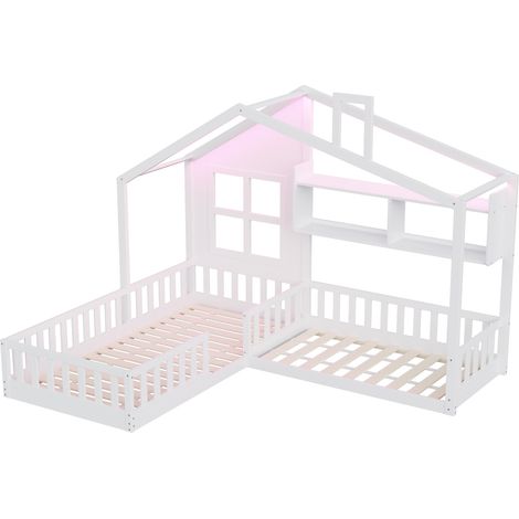 Cama infantil casita blanca con estantes, barreras de seguridad y somier de láminas (1/5)