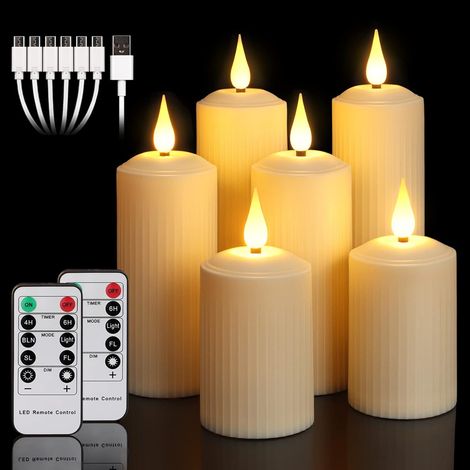 Lot de 6 Bougie LED Rechargeable, Télécommande 10 Touches, Minuterie 4/6 Heures, Étanche IP44, Intérieur Extérieur