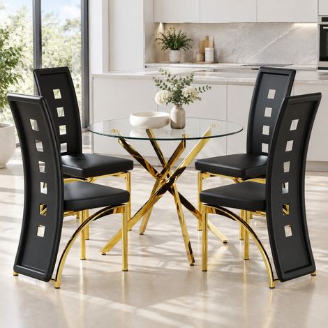 Essgruppe mit rundem Hartglas-Tisch 88 cm und 4 schwarzen PU-Metallstühlen (1/5)