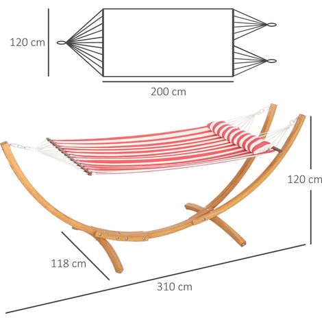 Hamac sur pied 1 place, hamac avec support en bois oreiller de tête, lit en coton, 310x118x120cm, rouge et blanche