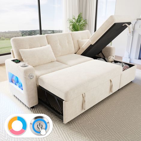 Canapé d’angle L beige multifonction, lit, rangements, LED, USB, porte-boissons, convertible pour salon et chambre (1/4)