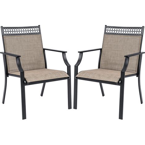 Lot de 2 fauteuils de jardin marron en tissu respirant avec accoudoirs et dossier haut, pour piscine, pelouse et terrasse (1/5)