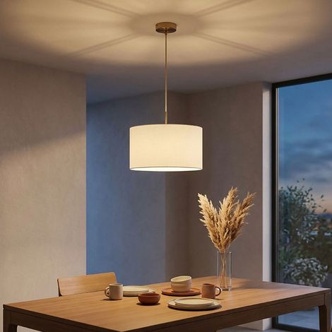 LED Pendelleuchte Wohnzimmerlampe messingfarben Leinen weiß Hängelampe H 120 cm (1/5)