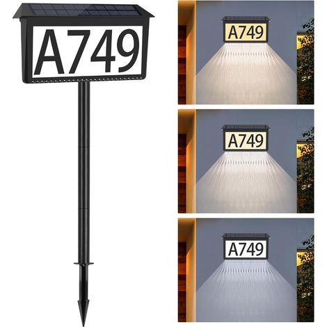 Panneau solaire compatible avec adresse et numéro de maison, utilisable en extérieur, 3 couleurs, étanche, numéros de maison lumineux à LED, avec poteau, fixation murale, compatible avec maison, jardi (1/5)