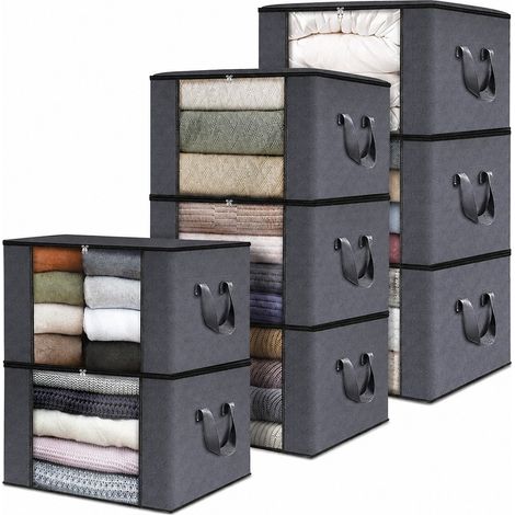 Coffre de rangement pliable en tissu non tissé pour penderie, grande capacité (90 L), fermeture éclair noire, ensemble de 8 pièces (90 L x 8). (1/5)