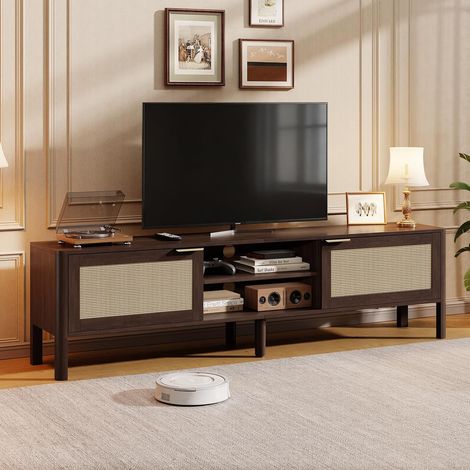 Meuble TV Bois Bas 147cm Longueur avec Rangement Marron (1/5)
