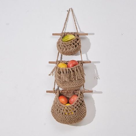 Panier à fruits suspendu à 3 niveaux, paniers muraux en jute pour fruits et légumes, rangement pour cuisine, chambre et salle de bain, marron (1/5)
