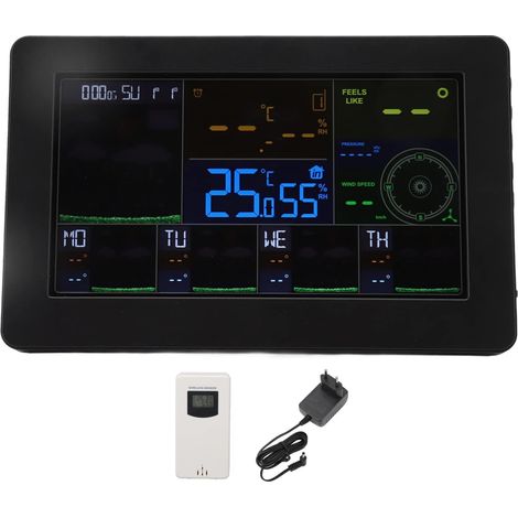 Estación meteorológica ABS, termómetro inalámbrico automático para interiores y exteriores, pantalla a color, despertador digital con wifi y retroiluminación ajustable para el hogar (enchufe UE)