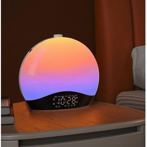 Radio Réveil Lumineux avec Eveil Lumière. Reveil Simulateur d'Aube sur Lampe de Chevet LED. Fonction Bluetooth. 20 Niveaux de Luminosité. 22 Sons. 2 Alarmes - Adaptateur Électrique inclus