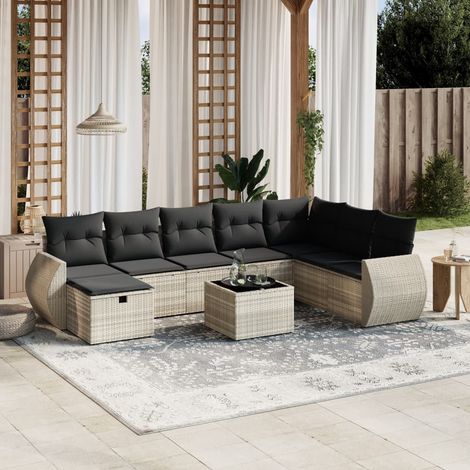 Set muebles jardín 9 pzas y cojines ratán sintético gris claro vidaXL (1/4)
