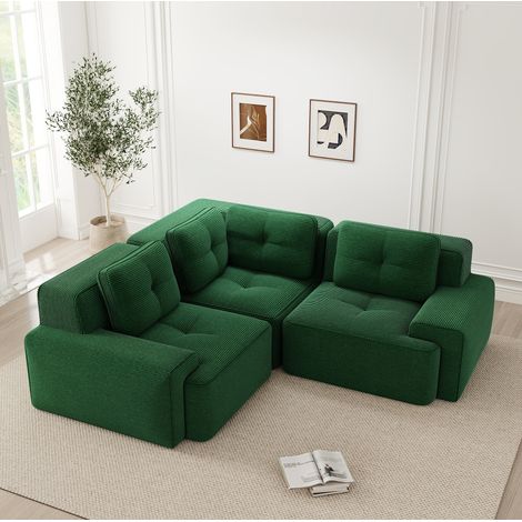 Divano angolare modulare 206x206x69 cm in tessuto a coste verde, salvaspazio FloraGrace (1/5)