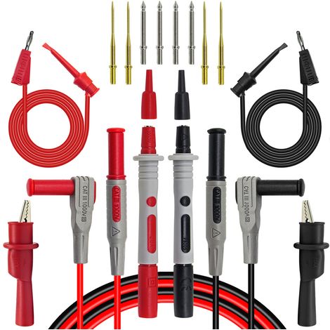 Il kit di puntali per test del multimetro include clip a coccodrillo di sicurezza e connettori a banana per testare i puntali a gancio