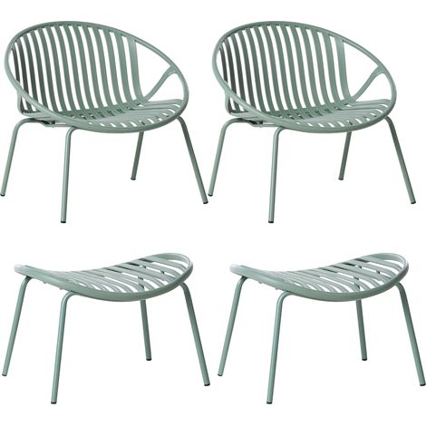 Conjunto de 2 sillas de jardín con reposapiés asientos de plástico patas de acero resistentes a los rayos UV retro verde Casperia