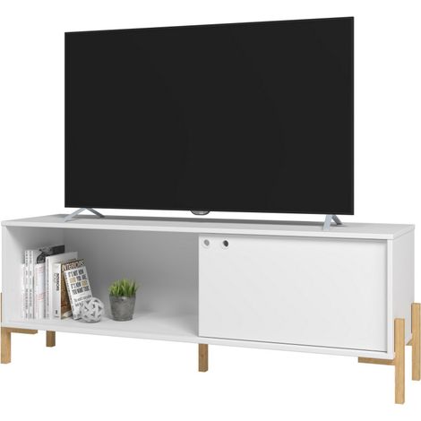 Beaux Meubles Pas Chers – Meuble TV moderne 65 pouces blanc – 1 porte coulissante – 2 niches – Bois certifié FSC – Arrière percé pour câbles (1/5)