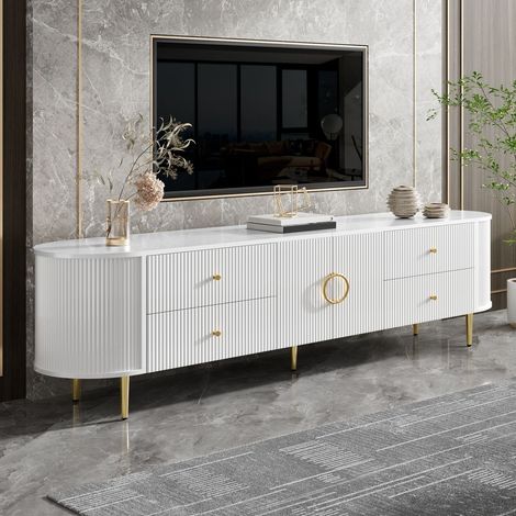 Meuble TV passe-câbles intégré structure ondulée bords arrondis corps en MDF poignées en aluminium pieds en fer étagère fixe (1/5)