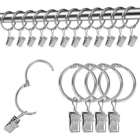 Lot de 25 Argenté anneaux de rideau en métal avec clips Diamètre intérieur : 32 mm Pour fenêtre, porte, rideau de douche (1/5)