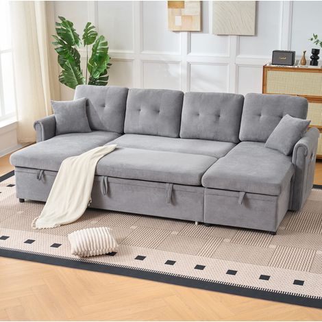 Canapé d’angle U convertible 266x130x85 cm en tissu gris, avec rangement pour salon FloraGrace (1/5)