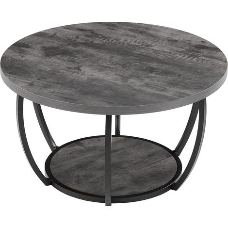 Table basse ronde moderne, 2 niveaux en bois avec rangement ouvert, cadre métallique robuste, gris. Idéale pour salon ou bureau, montage facile. (1/5)