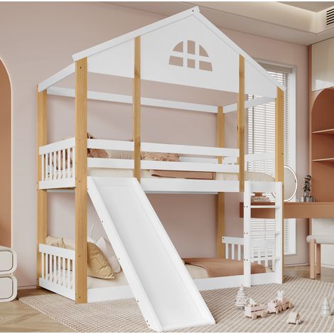 Cama alta infantil de madera maciza y MDF blanco y natural 90x200 cm con tobogán y escalera, somier incluido