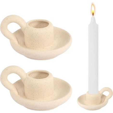 Bougeoir en Céramique Lot de 2 Bougeoirs en Céramique Bougeoir de Style Nordique avec Poignée Bougeoir pour Décoration de Table, Fête, Mariage (Beige)