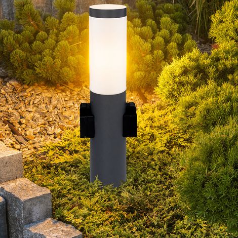 Stehlampe Außenleuchte mit Steckdose Edelstahl Sockellampe Garten Wegeleuchte, opal anthrazit, 1x E27 Fassung, DxH 12,7x45 cm